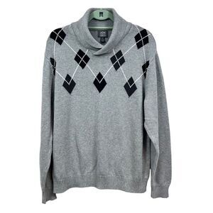 Joe Joseph Abboud Mens Argyle Sweater Shawl Collar Ribbed Hem Gray Black Size XL